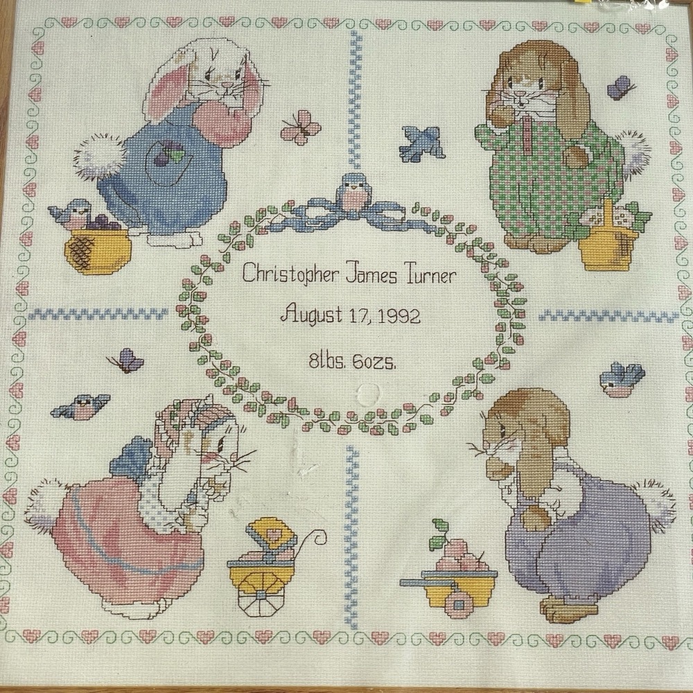 Janlynn 1992 Baby Wares Birth Announcement Cross Stitch Kit #136-03 14"x 14" New - Picture 2 of 5